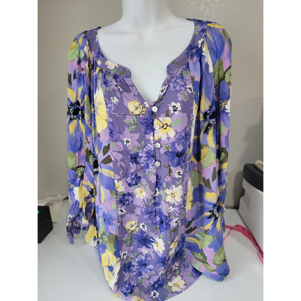 Fig & Flower Purple Floral Boho Tunic Blouse Sz 2X 24" Pit to Pit